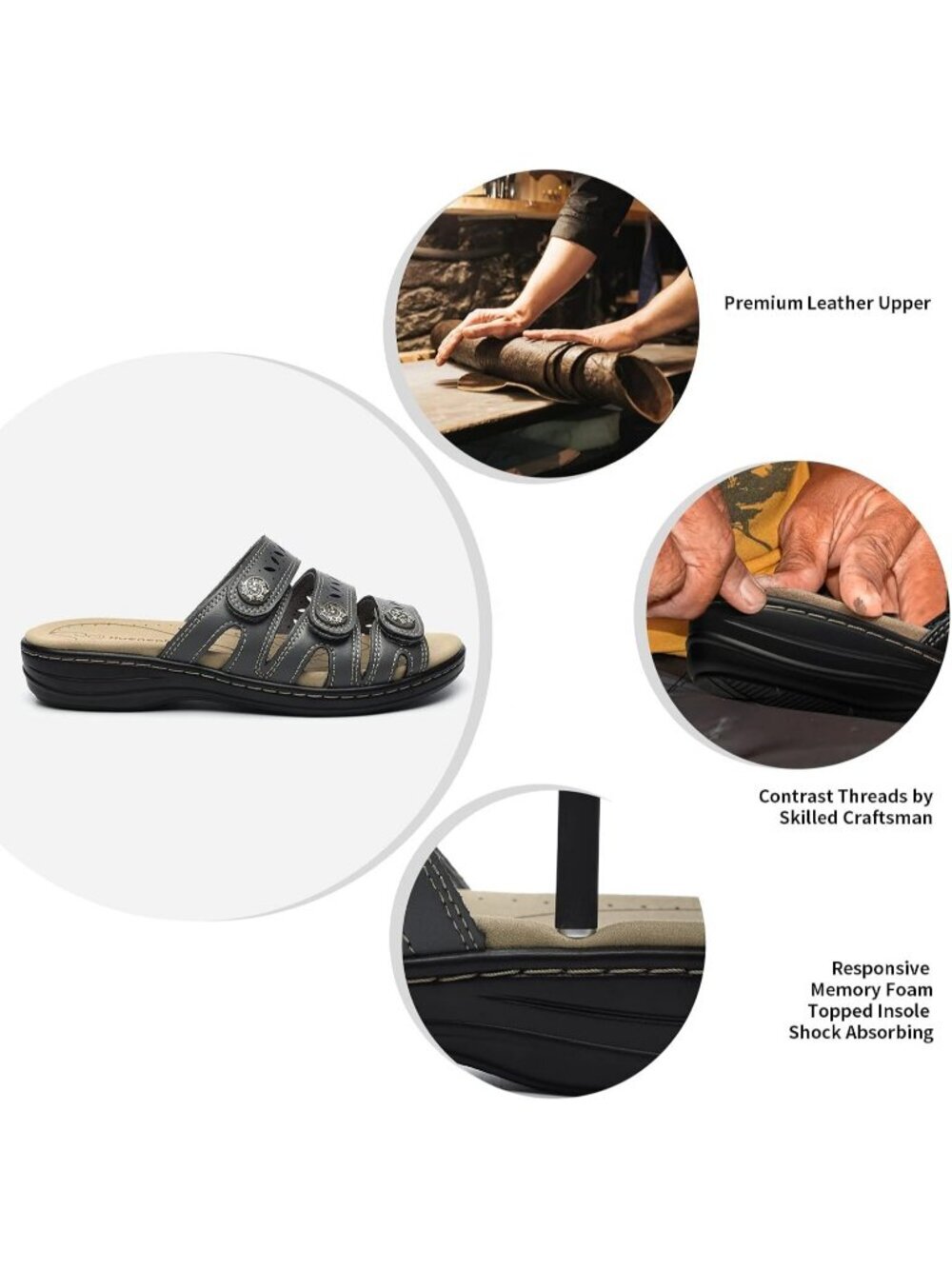 Women's Comfort Leather Slides Flat Sandals Grey Slip On Casual Walking Slippers - Picture 4 of 6